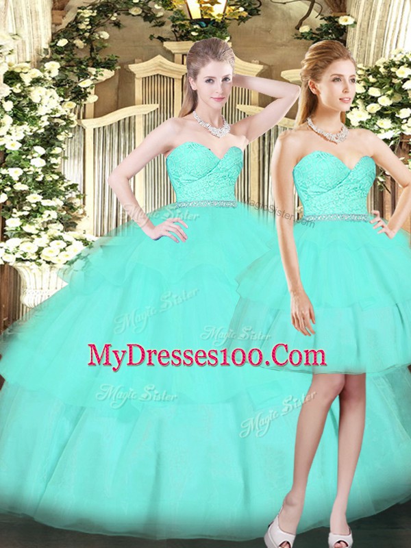 Fabulous Aqua Blue Sleeveless Floor Length Ruching Lace Up 15th Birthday Dress