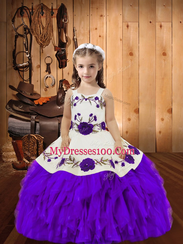 Eggplant Purple Ball Gowns Straps Sleeveless Organza Floor Length Lace Up Embroidery and Ruffles Pageant Dress Toddler