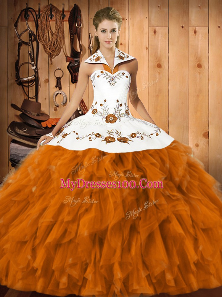 Suitable Orange Red Sleeveless Embroidery and Ruffles Floor Length 15 Quinceanera Dress