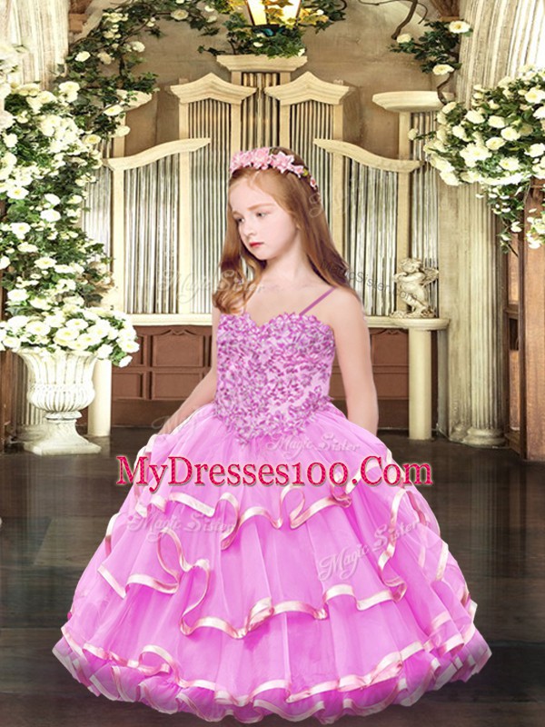 Spaghetti Straps Sleeveless Lace Up Little Girls Pageant Gowns Rose Pink Organza
