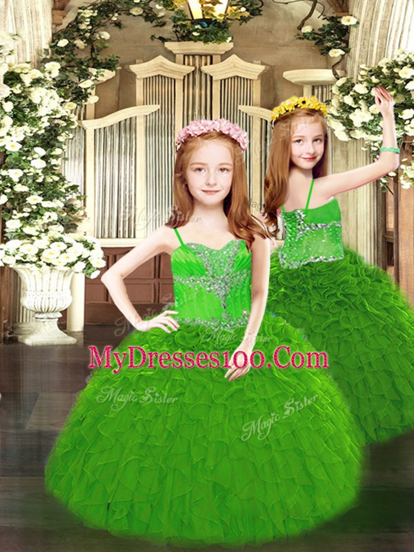 Lovely Sleeveless Organza Floor Length Lace Up Little Girls Pageant Gowns in Green with Beading and Ruffles