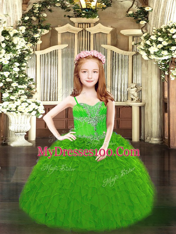 Lovely Sleeveless Organza Floor Length Lace Up Little Girls Pageant Gowns in Green with Beading and Ruffles