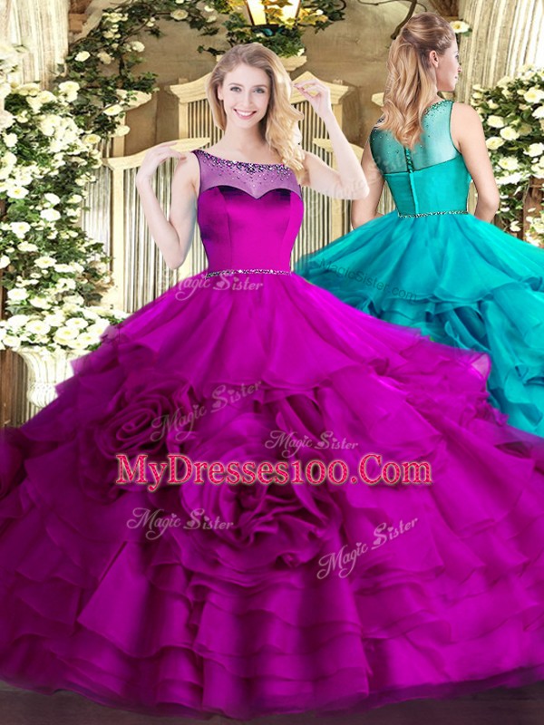 Charming Fuchsia Ball Gowns Organza Scoop Sleeveless Beading and Ruffled Layers Floor Length Zipper Sweet 16 Dress