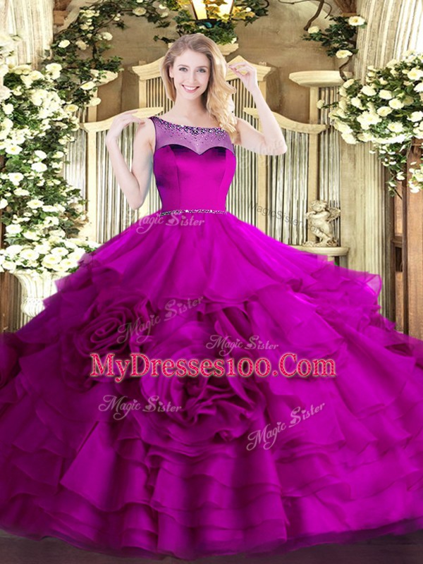 Charming Fuchsia Ball Gowns Organza Scoop Sleeveless Beading and Ruffled Layers Floor Length Zipper Sweet 16 Dress