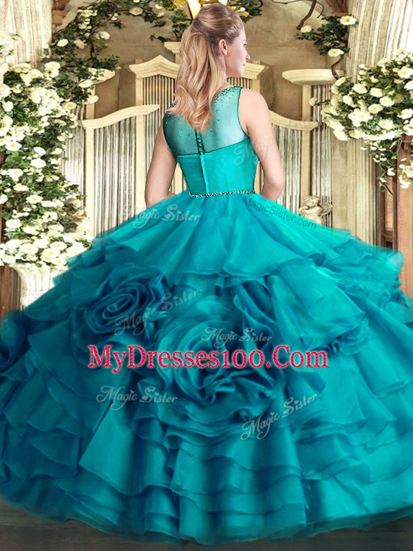 Charming Fuchsia Ball Gowns Organza Scoop Sleeveless Beading and Ruffled Layers Floor Length Zipper Sweet 16 Dress