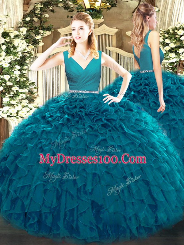 Teal Tulle Zipper Quinceanera Dress Sleeveless Floor Length Beading and Ruffles
