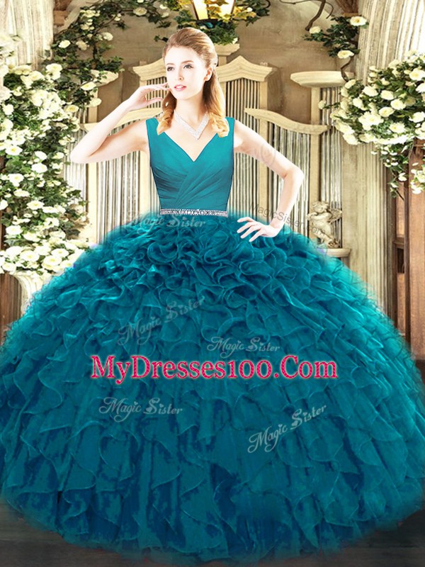 Teal Tulle Zipper Quinceanera Dress Sleeveless Floor Length Beading and Ruffles