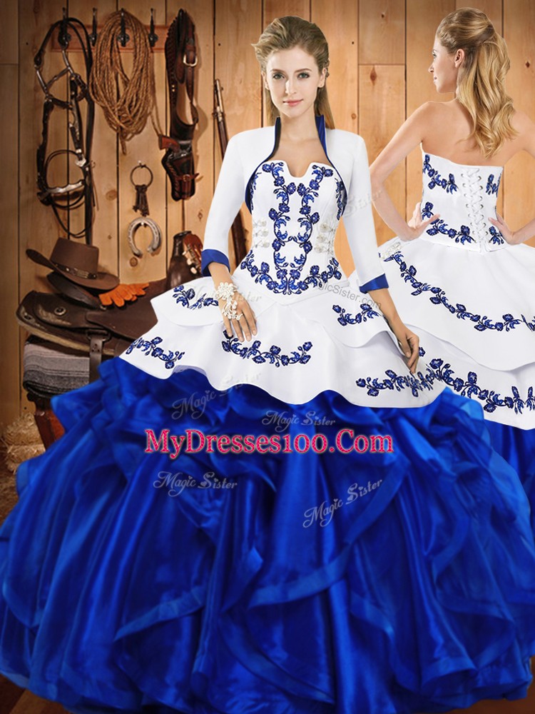 New Style Ball Gowns Quinceanera Dress Blue Strapless Satin and Organza Sleeveless Floor Length Lace Up