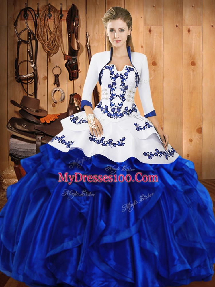 New Style Ball Gowns Quinceanera Dress Blue Strapless Satin and Organza Sleeveless Floor Length Lace Up