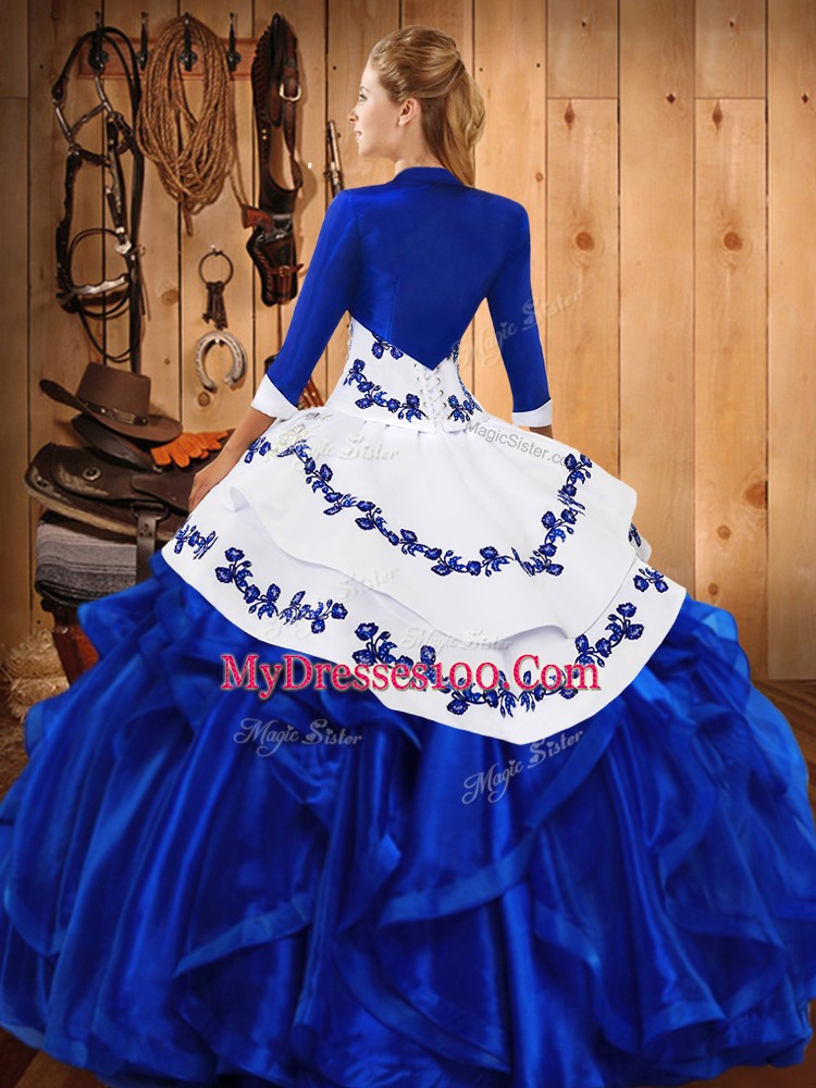 New Style Ball Gowns Quinceanera Dress Blue Strapless Satin and Organza Sleeveless Floor Length Lace Up