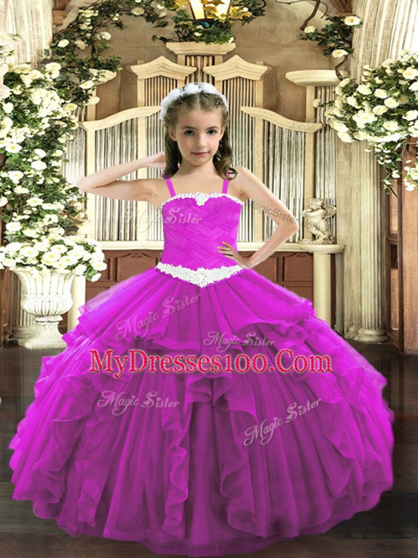 Adorable Fuchsia Sleeveless Tulle Lace Up Girls Pageant Dresses for Party and Quinceanera