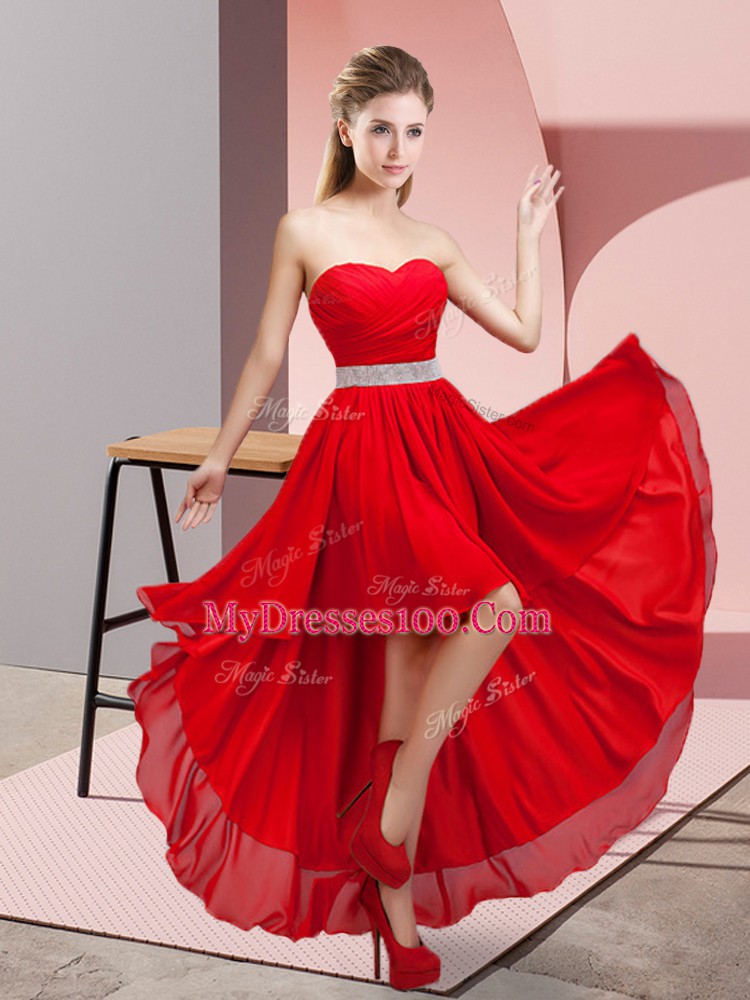 Extravagant Red Lace Up Sweetheart Beading Bridesmaids Dress Chiffon Sleeveless