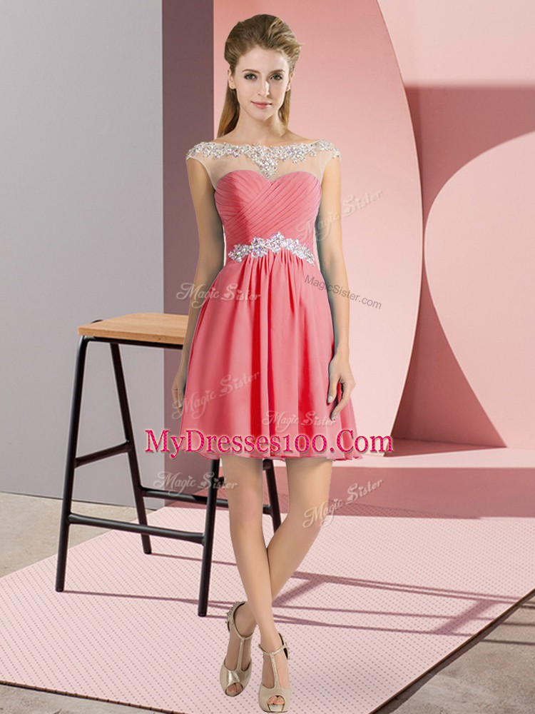 Scoop Cap Sleeves Dress for Prom Mini Length Beading Watermelon Red Chiffon