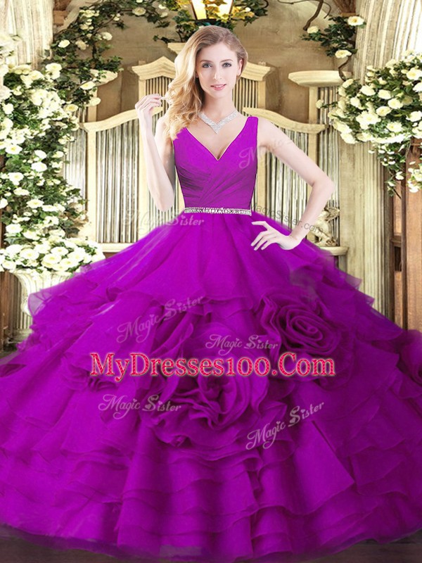 Floor Length Fuchsia Sweet 16 Quinceanera Dress Fabric With Rolling Flowers Sleeveless Beading