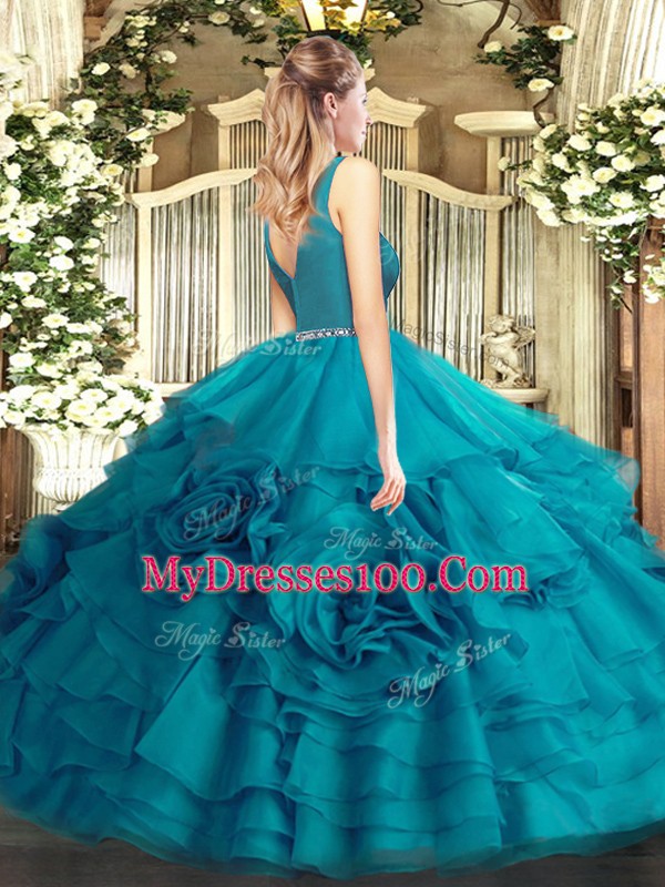 Floor Length Fuchsia Sweet 16 Quinceanera Dress Fabric With Rolling Flowers Sleeveless Beading