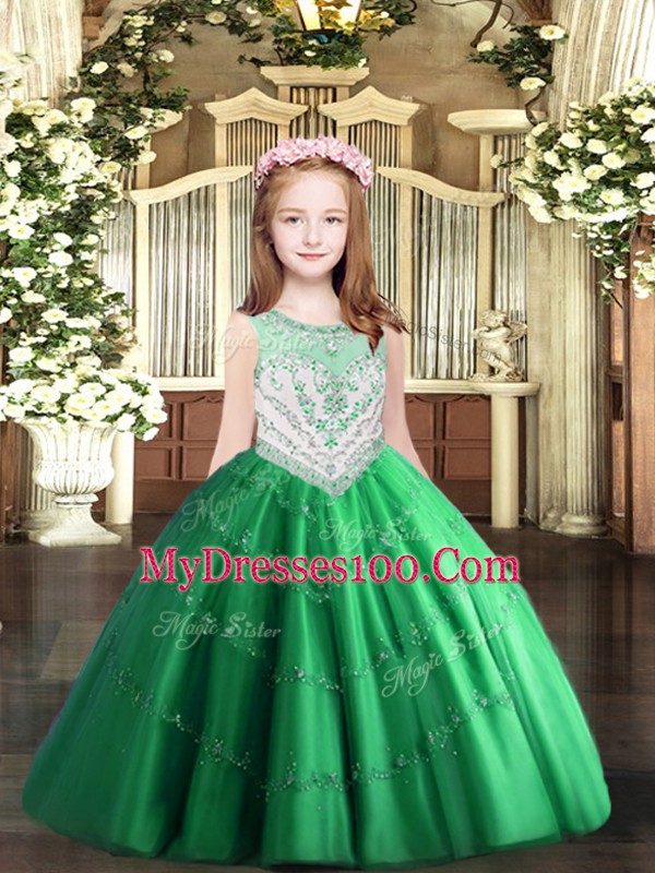 Low Price Green Sleeveless Tulle Zipper Kids Formal Wear for Party and Quinceanera
