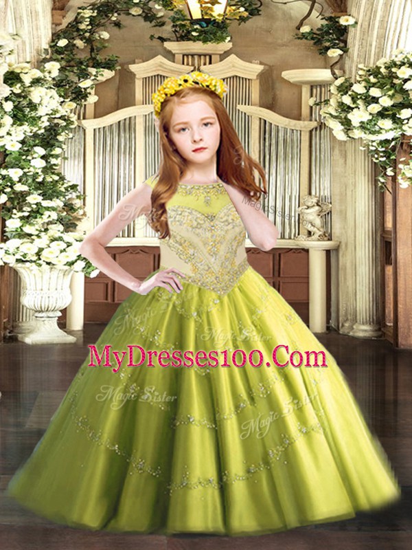 Floor Length Zipper Pageant Dress Toddler Olive Green for Party and Quinceanera with Beading and Appliques