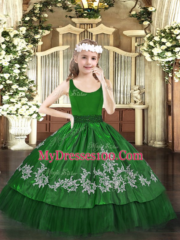 Dark Green Ball Gowns Scoop Sleeveless Taffeta Floor Length Zipper Beading and Appliques Pageant Gowns For Girls