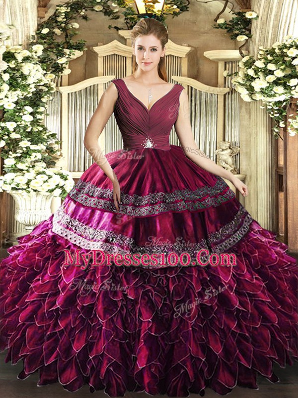 Sleeveless Floor Length Beading and Ruffles Backless Quinceanera Gowns with Burgundy