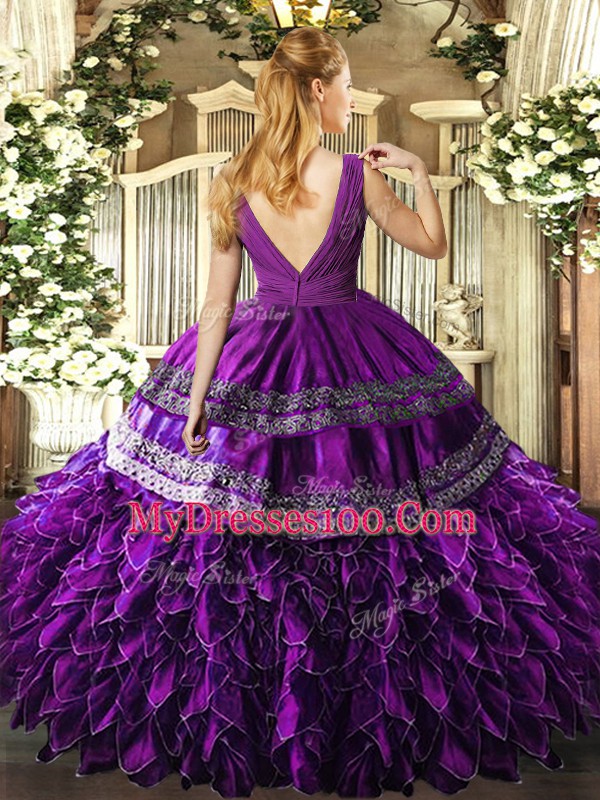 Sleeveless Floor Length Beading and Ruffles Backless Quinceanera Gowns with Burgundy
