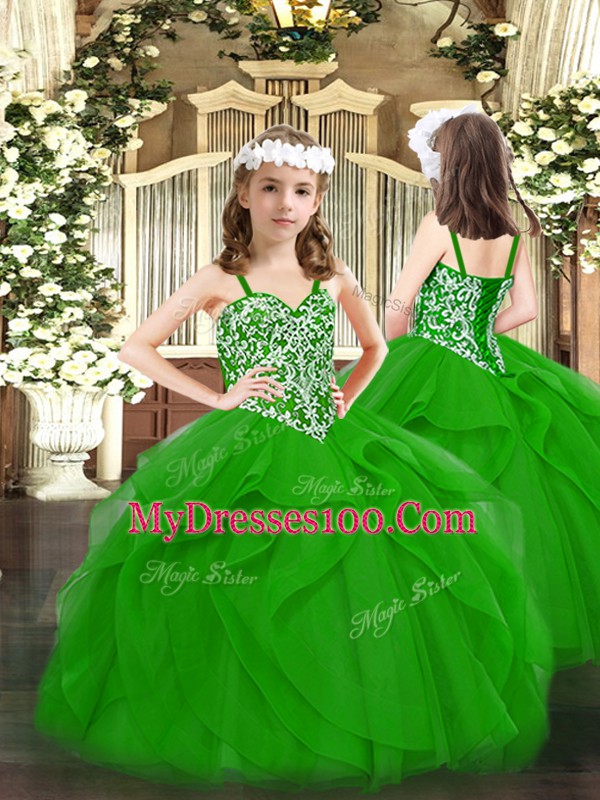 Green Lace Up Straps Beading and Ruffles Little Girl Pageant Dress Tulle Sleeveless