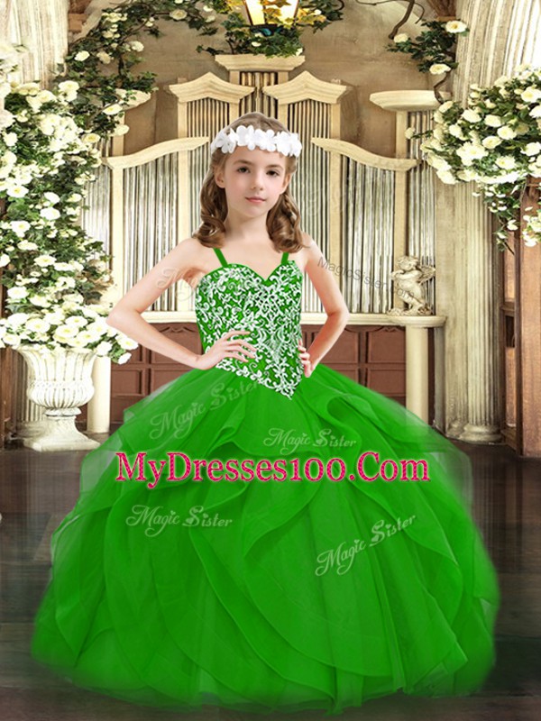 Green Lace Up Straps Beading and Ruffles Little Girl Pageant Dress Tulle Sleeveless