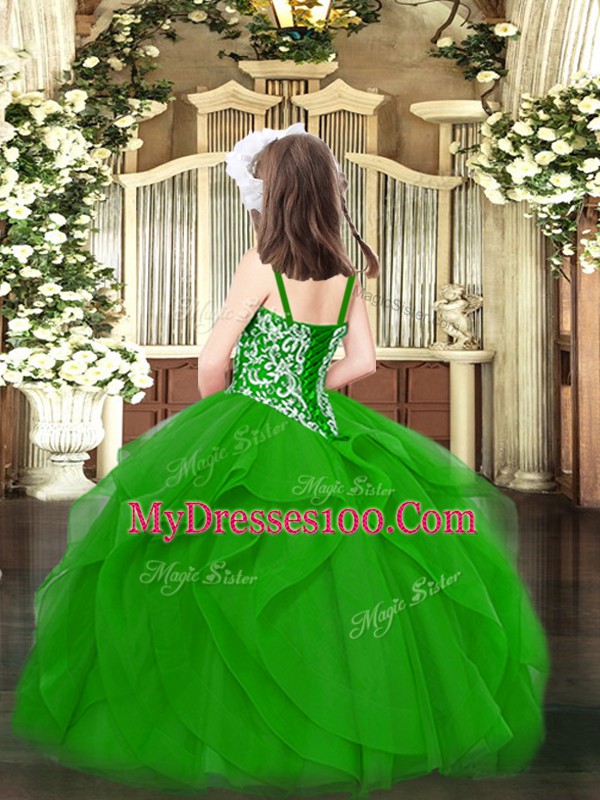 Green Lace Up Straps Beading and Ruffles Little Girl Pageant Dress Tulle Sleeveless