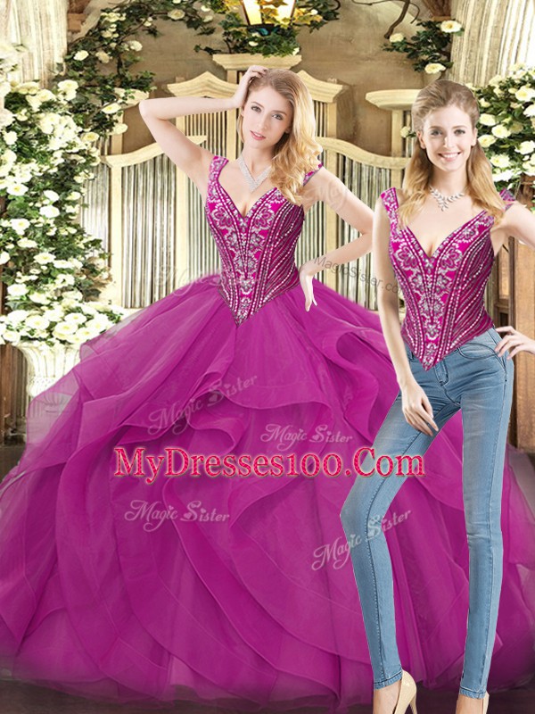 Exquisite Fuchsia Sleeveless Floor Length Beading and Ruffles Lace Up Ball Gown Prom Dress