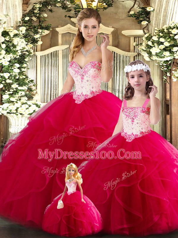 Designer Red Sleeveless Beading and Ruffles Floor Length Sweet 16 Dresses