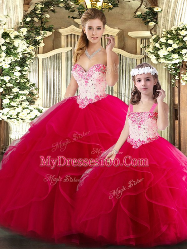 Designer Red Sleeveless Beading and Ruffles Floor Length Sweet 16 Dresses
