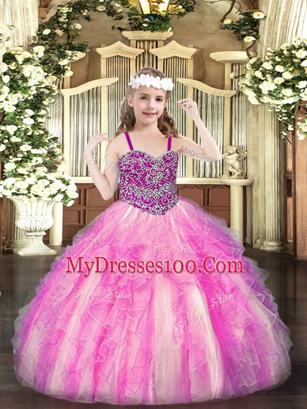 Inexpensive Ball Gowns Little Girl Pageant Dress Rose Pink Straps Organza Sleeveless Floor Length Lace Up