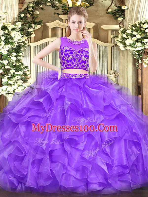 New Arrival Lavender Two Pieces Tulle Scoop Sleeveless Beading and Ruffles Floor Length Zipper Sweet 16 Dresses