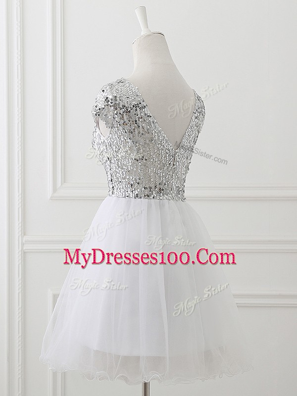 White Zipper Scoop Sequins Wedding Guest Dresses Tulle Cap Sleeves