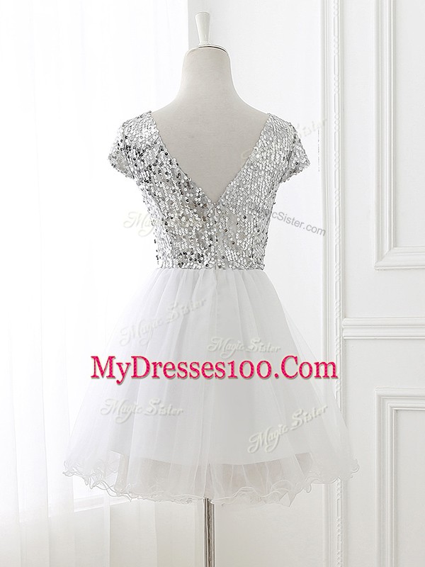 White Zipper Scoop Sequins Wedding Guest Dresses Tulle Cap Sleeves