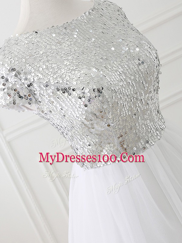 White Zipper Scoop Sequins Wedding Guest Dresses Tulle Cap Sleeves