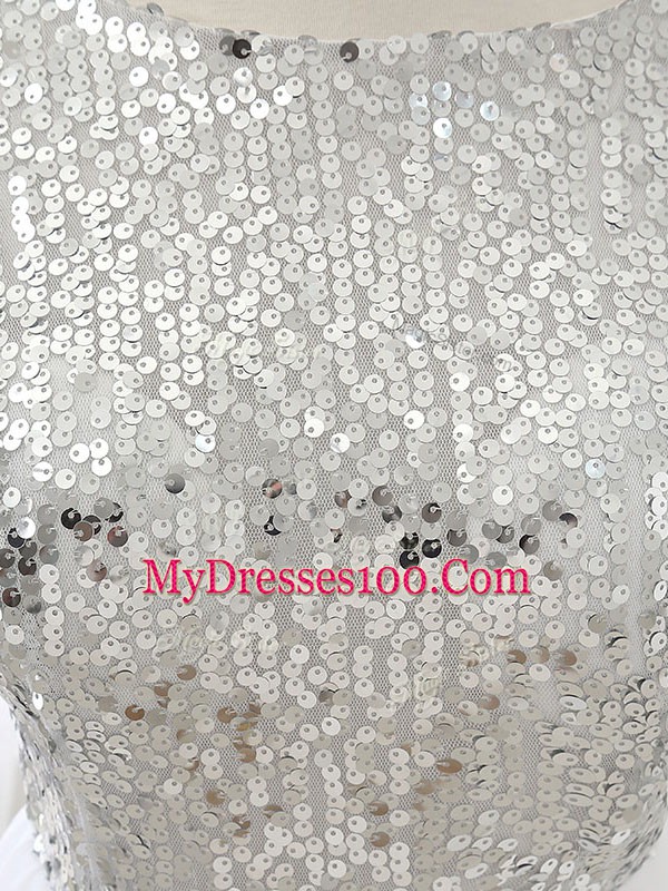White Zipper Scoop Sequins Wedding Guest Dresses Tulle Cap Sleeves