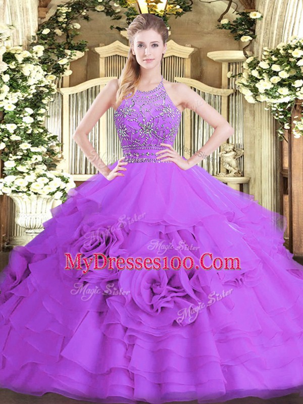 Eggplant Purple Sleeveless Beading and Ruffled Layers Floor Length Quince Ball Gowns