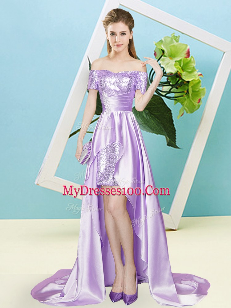 Pretty Elastic Woven Satin and Sequined Short Sleeves High Low Prom Gown and Sequins
