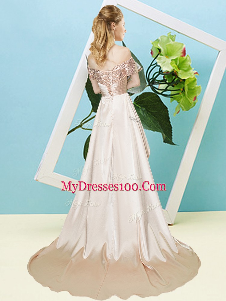Pretty Elastic Woven Satin and Sequined Short Sleeves High Low Prom Gown and Sequins