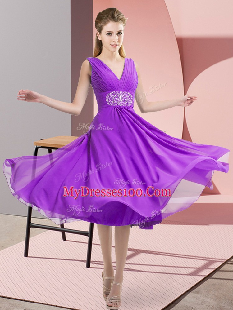 Vintage Knee Length Purple Bridesmaid Dress Chiffon Sleeveless Beading