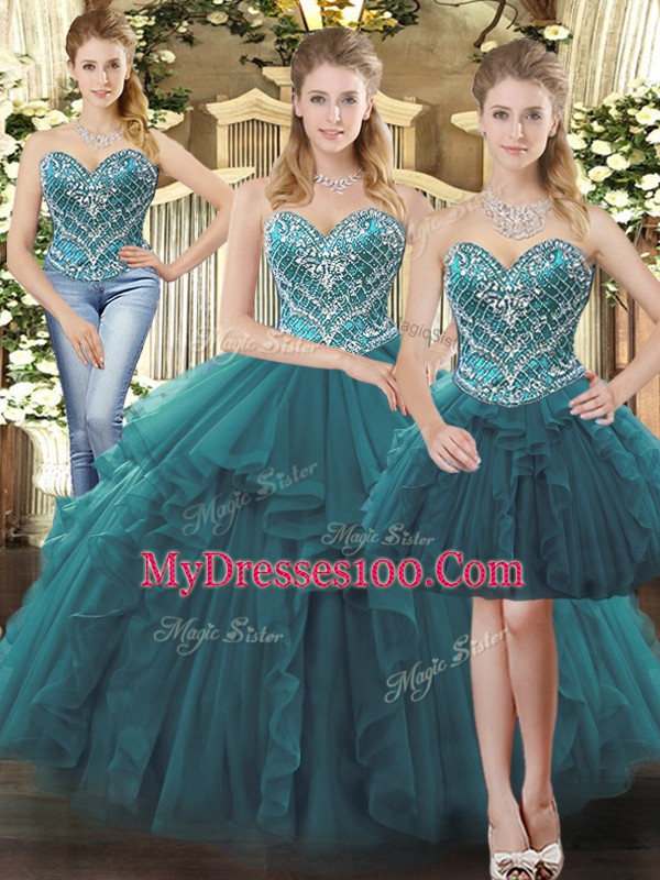 Simple Ball Gowns Ball Gown Prom Dress Teal Sweetheart Tulle Sleeveless Floor Length Lace Up