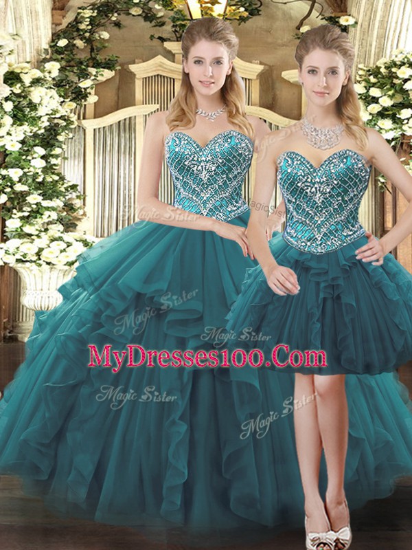 Simple Ball Gowns Ball Gown Prom Dress Teal Sweetheart Tulle Sleeveless Floor Length Lace Up