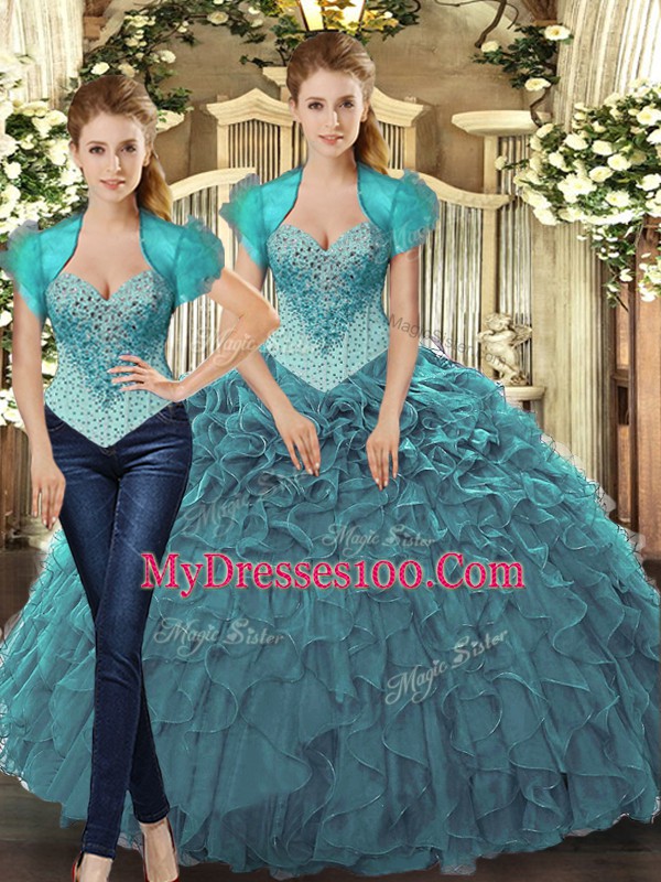 Teal Quince Ball Gowns Military Ball and Sweet 16 and Quinceanera with Beading and Ruffles Straps Sleeveless Lace Up