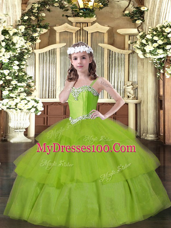Dazzling Beading and Ruffled Layers Little Girls Pageant Dress Olive Green Lace Up Sleeveless Floor Length