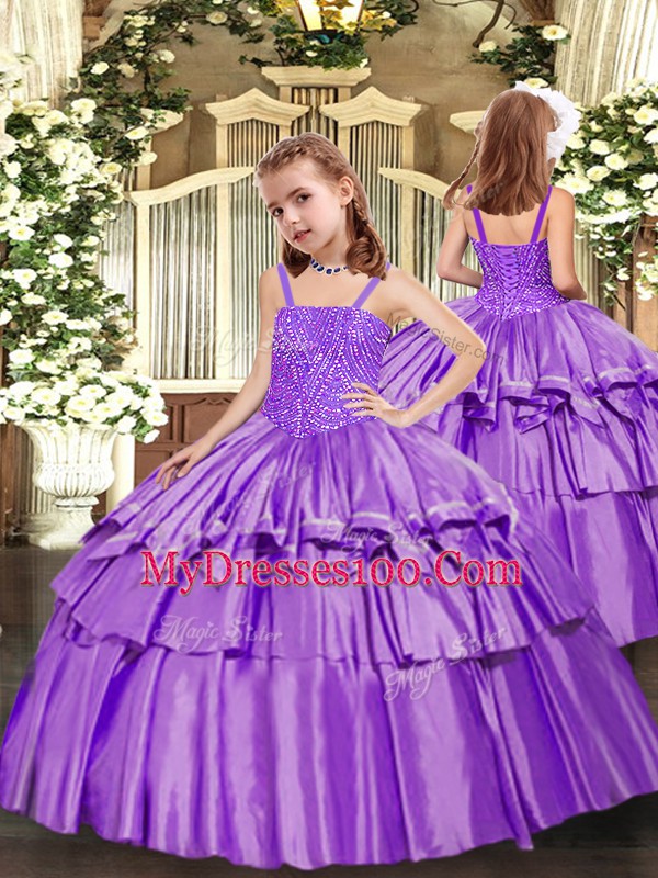 Lavender Straps Neckline Beading and Ruffled Layers Little Girls Pageant Dress Sleeveless Lace Up