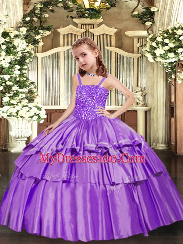 Lavender Straps Neckline Beading and Ruffled Layers Little Girls Pageant Dress Sleeveless Lace Up