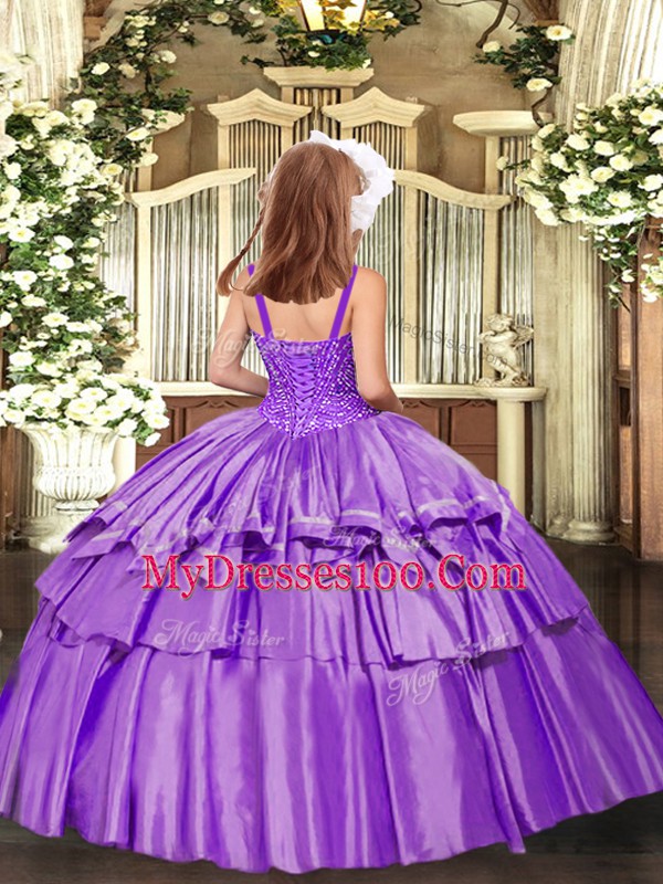 Lavender Straps Neckline Beading and Ruffled Layers Little Girls Pageant Dress Sleeveless Lace Up