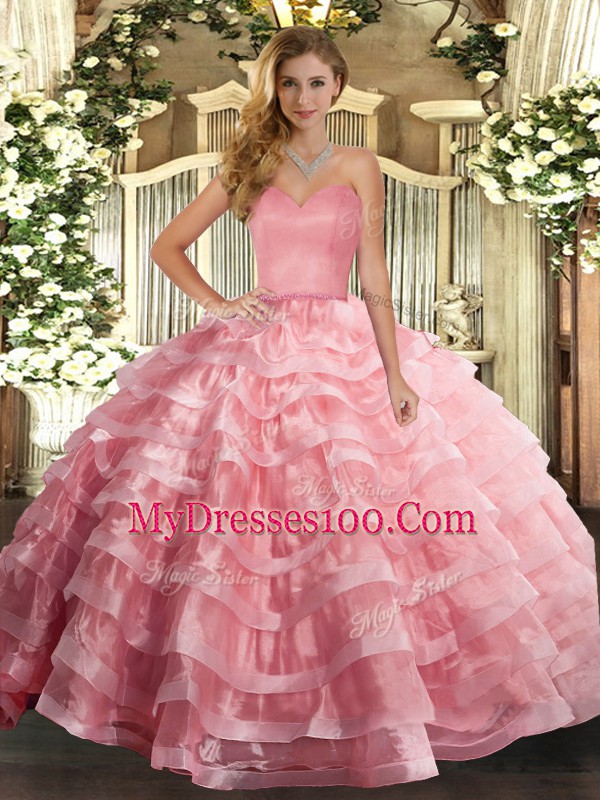 Sleeveless Floor Length Ruffled Layers Lace Up Quinceanera Gown with Watermelon Red
