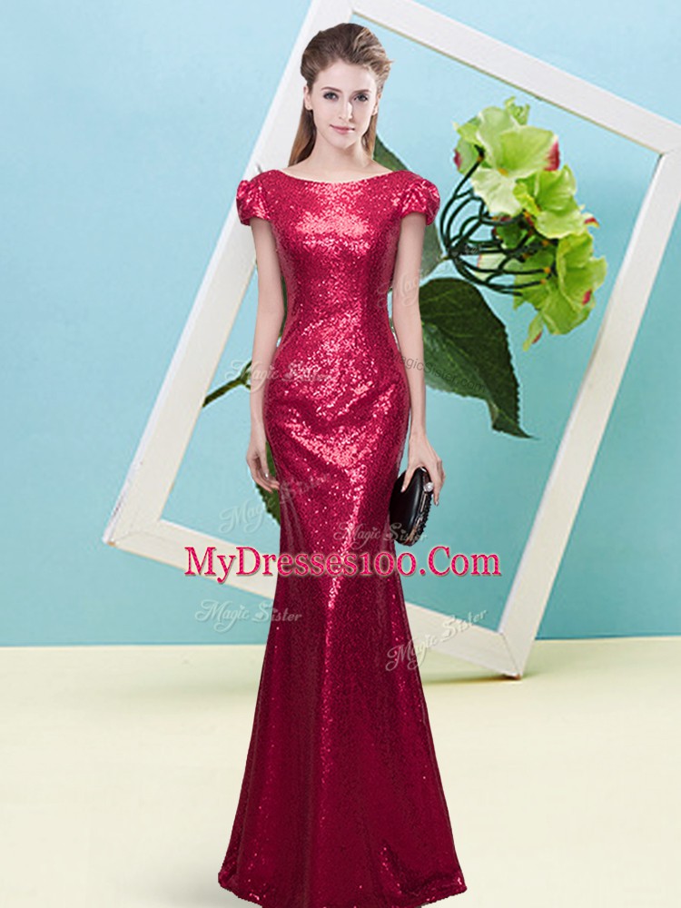 Lovely Cap Sleeves Floor Length Sequins Zipper Prom Gown with Red
