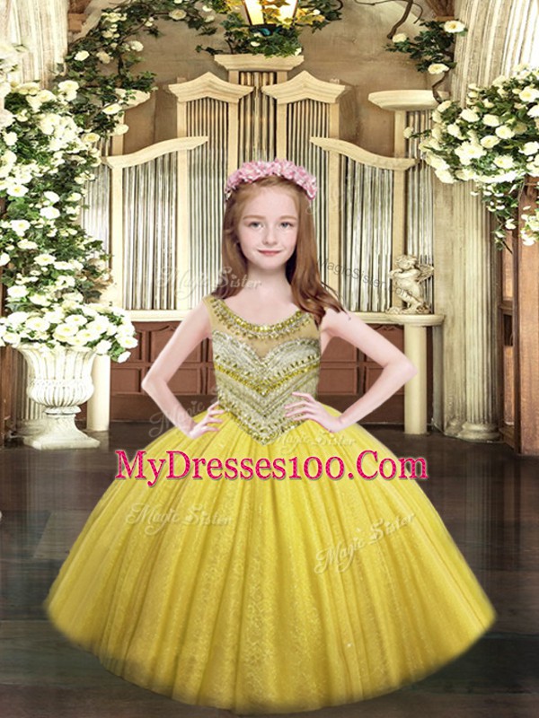 Sweet Gold Scoop Lace Up Beading Little Girl Pageant Dress Sleeveless